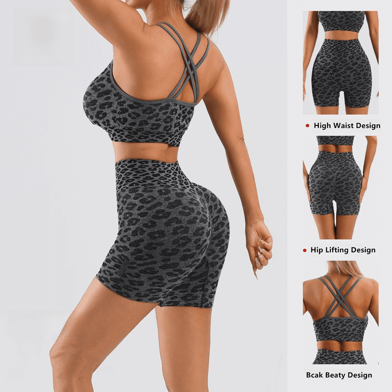 Women's Leopard Print Workout Sets 2 Piece Outfits Crop Tank Tops And Shorts Sports Yoga Gym Tracksuit 3