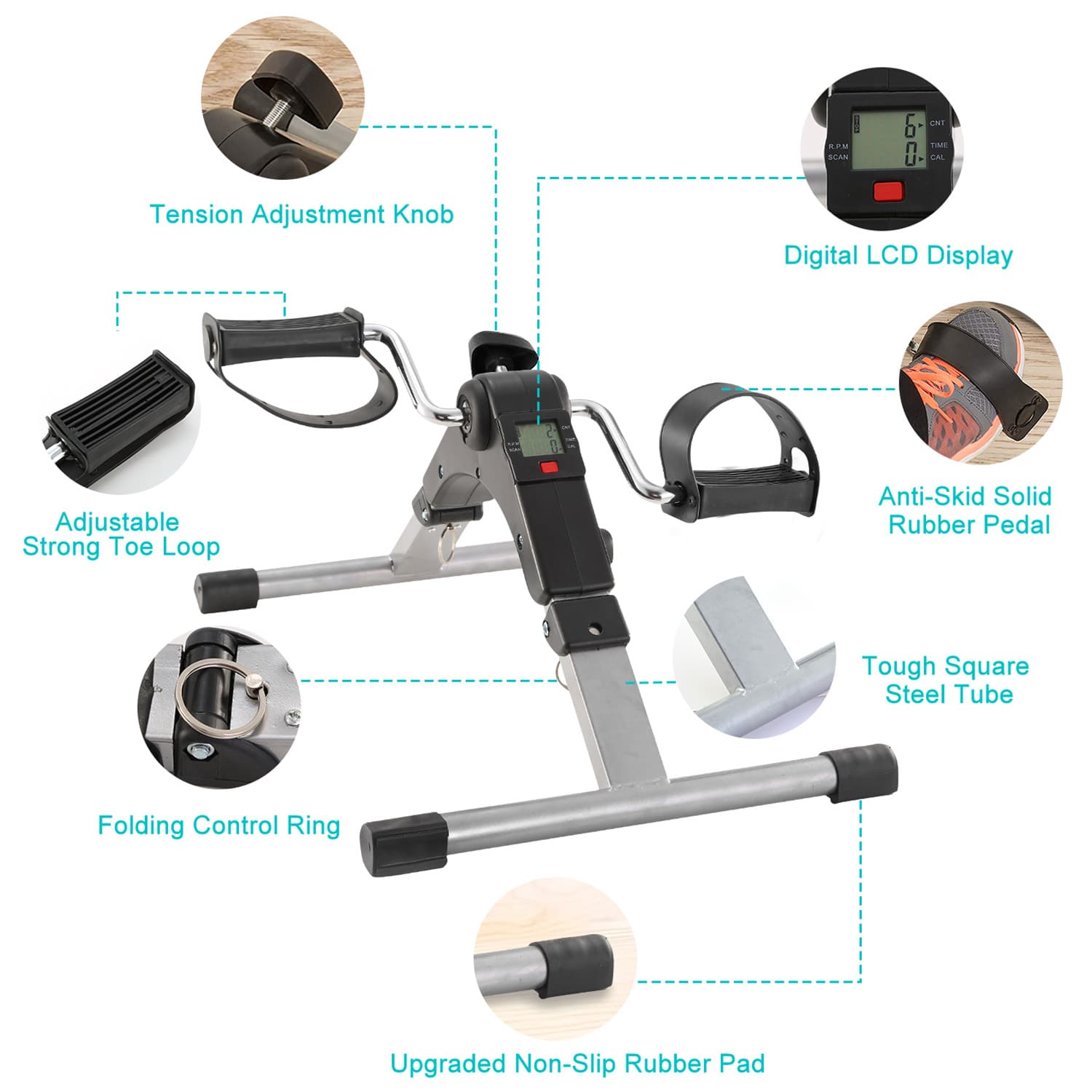 1Pc Foldable Exercise Bike Pedal Fitness Exerciser Cycle Bike  LCD Display Mini Pedal Exerciser For Leg Arm Physical Therapy Home Office Gym 3