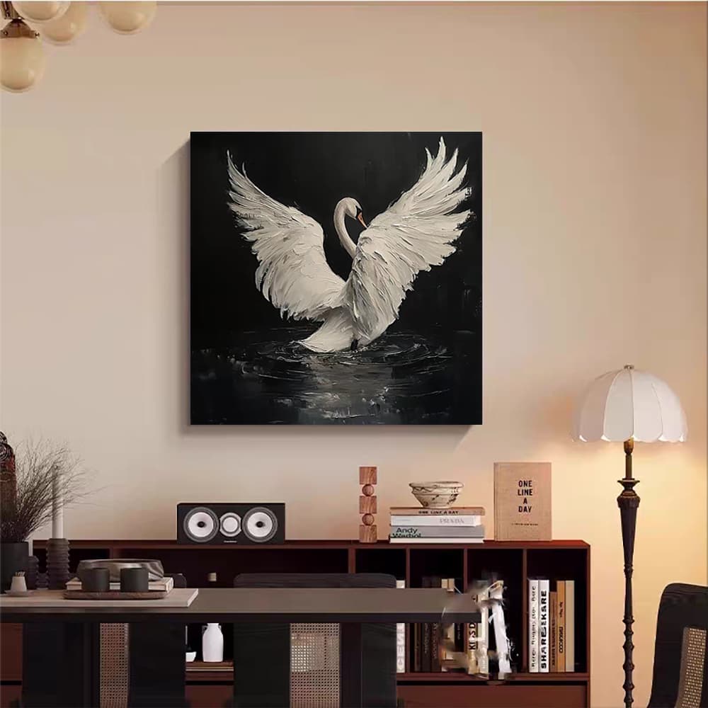 Handmade Abstract Frameless Artwork Canvas Oil Paintings Modern Animal Black Swan Decorative Dining Room Decor Rolled Frameless Unstretched Painting 2