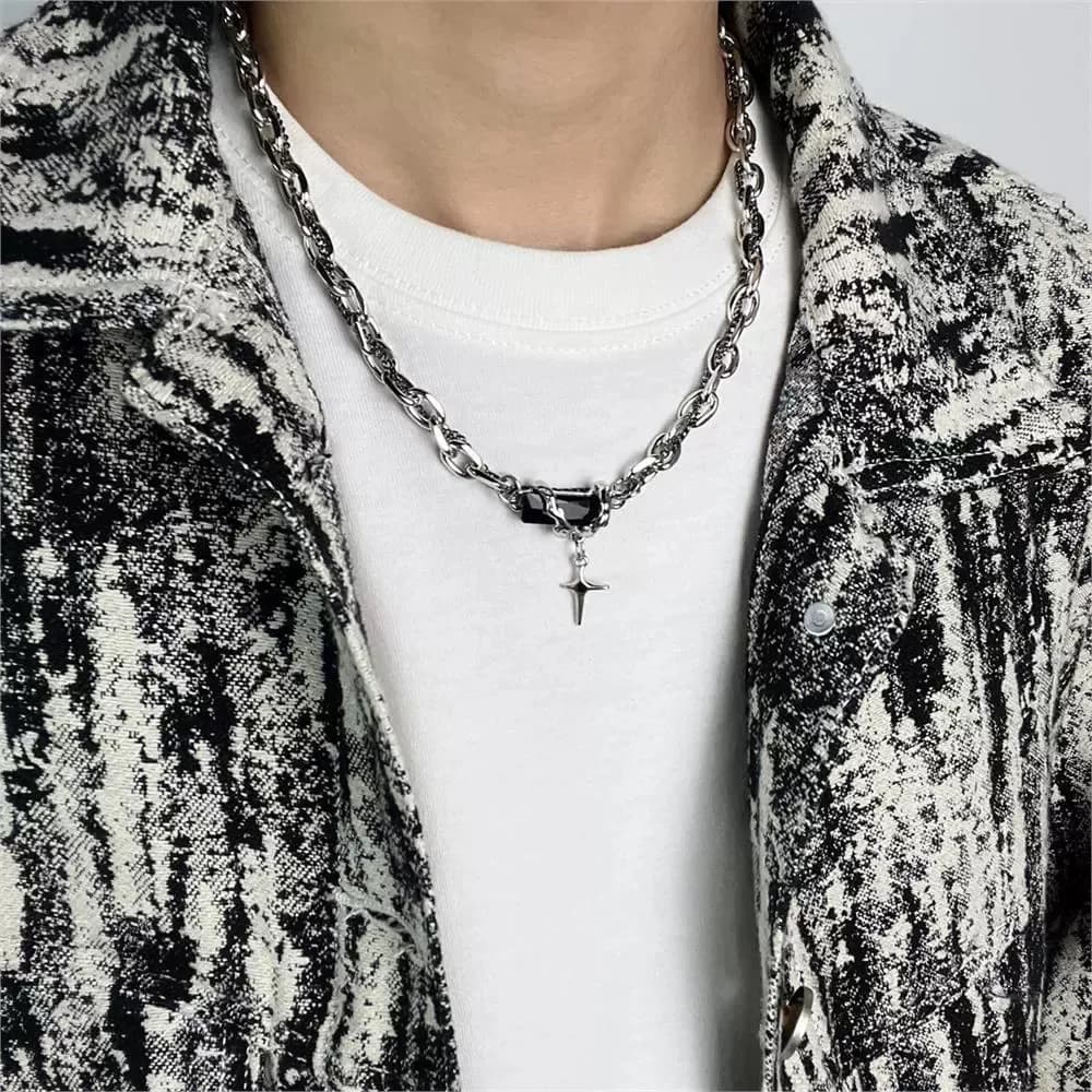 1pcs Mixed Link Chain Black Rectangle Stone Star Cross Pendant Necklace, Dark Cool Aesthetic Style, For Men Women Daily Party Wear & Couple Valentine Gifts 4