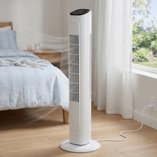 US Standard RTW-GR36 Tower Fan, 110V 45W, 36 Inch, Column Shape, White Plastic Body, Copper Motor, Touch & Remote Control, 3 Speeds, 3 Modes, Oscillating Function, 9-Hour Timer, For Home Use