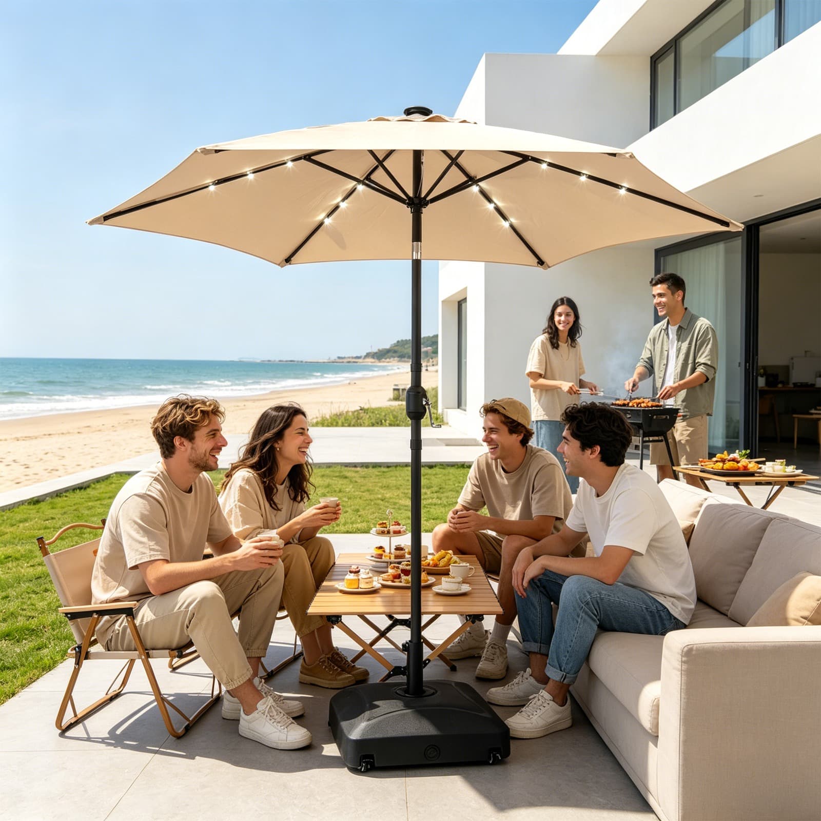 9ft Solar LED Patio Umbrella, 6-Rib Waterproof Outdoor Market Umbrella With Push Button Tilt & Crank, Sun Shade For Garden Pool Deck, Beige 4