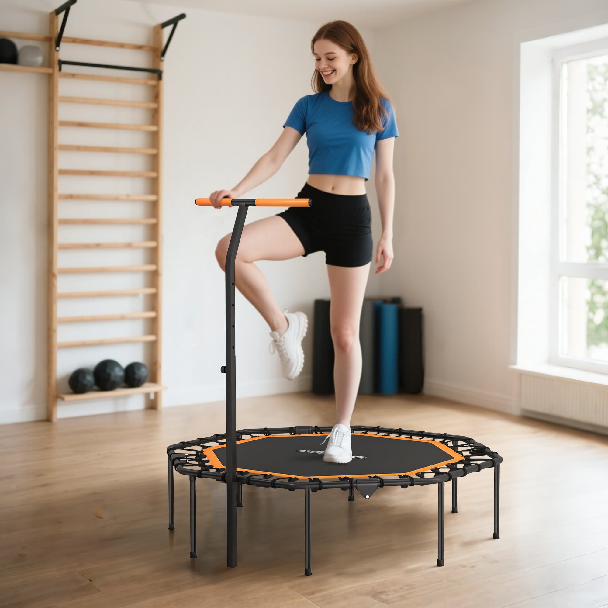Fitness-Trampolin, Trainingstrampolin Mit Verstellbarem Haltegriff, Stabil Und Leise, Für Drinnen, Stahl, Orange 3