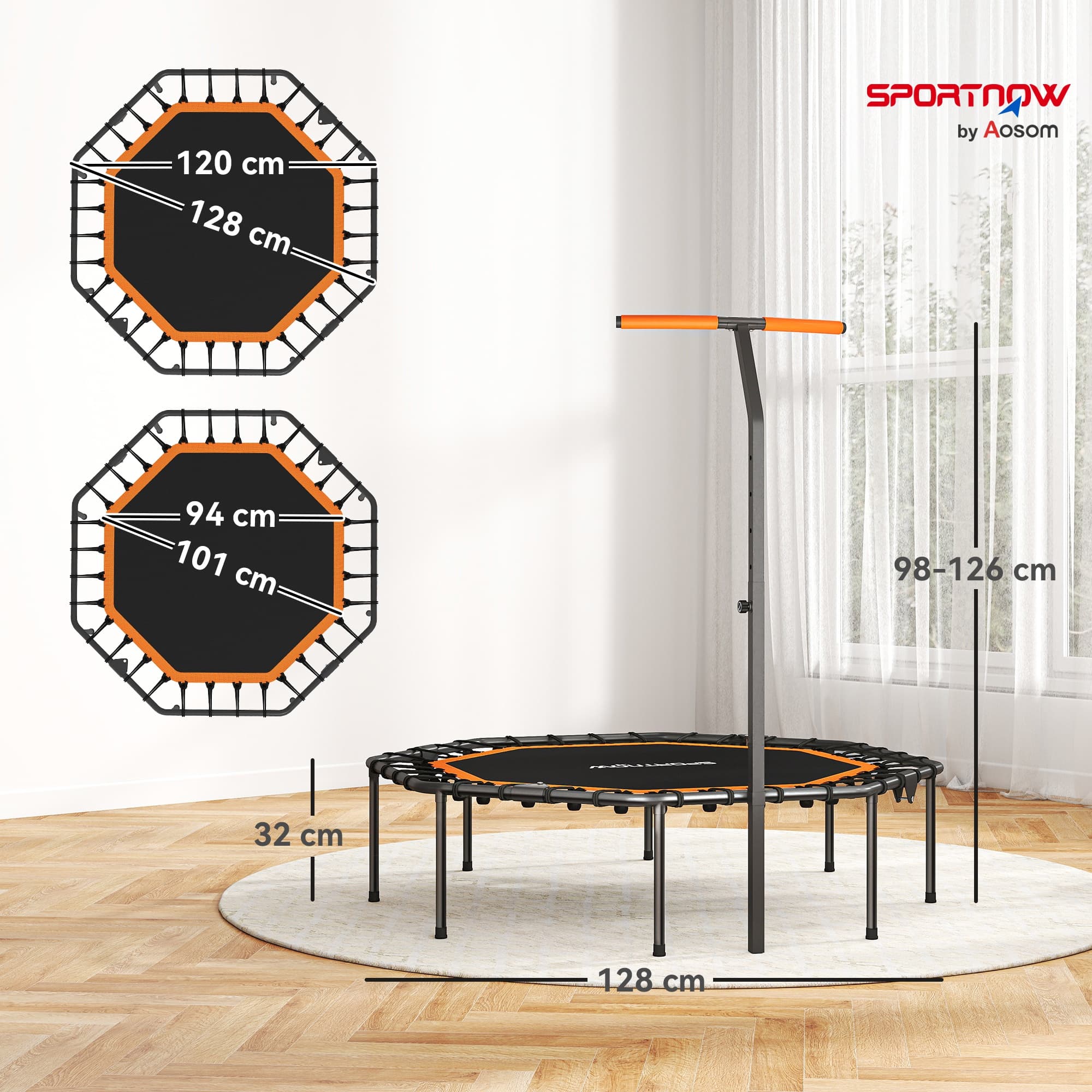 Fitness-Trampolin, Trainingstrampolin Mit Verstellbarem Haltegriff, Stabil Und Leise, Für Drinnen, Stahl, Orange 4