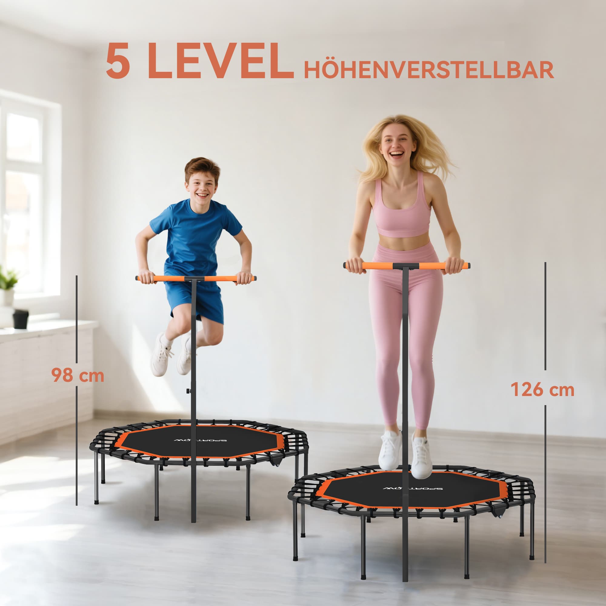 Fitness-Trampolin, Trainingstrampolin Mit Verstellbarem Haltegriff, Stabil Und Leise, Für Drinnen, Stahl, Orange 2