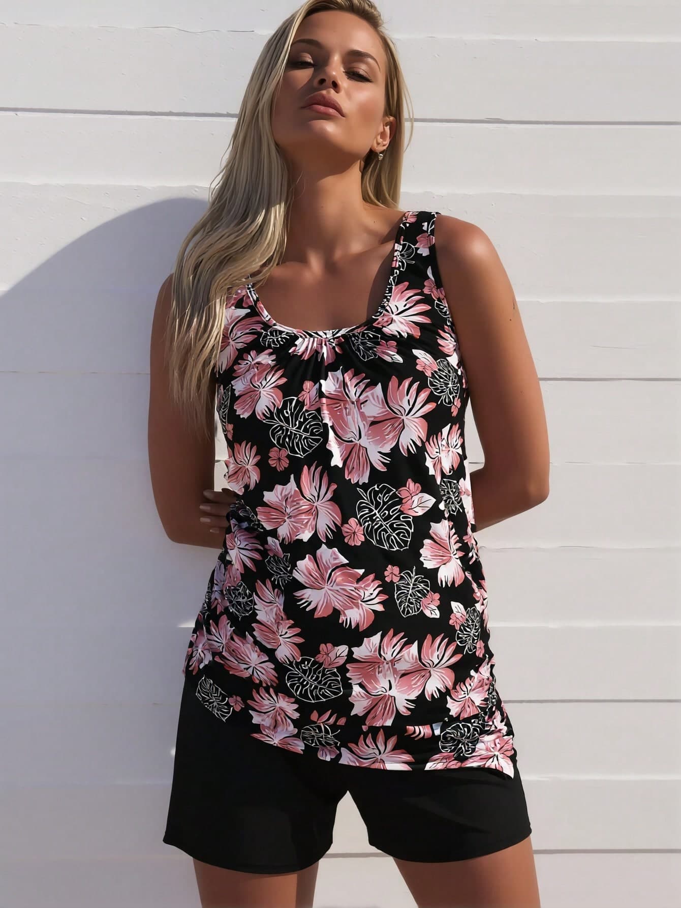 2026 New Fashion Swimsuit Women's Black Tropical Floral Print Loose Tankini + Black Boyshort Set For Beach Vacation, Modest & Slim Fit 3