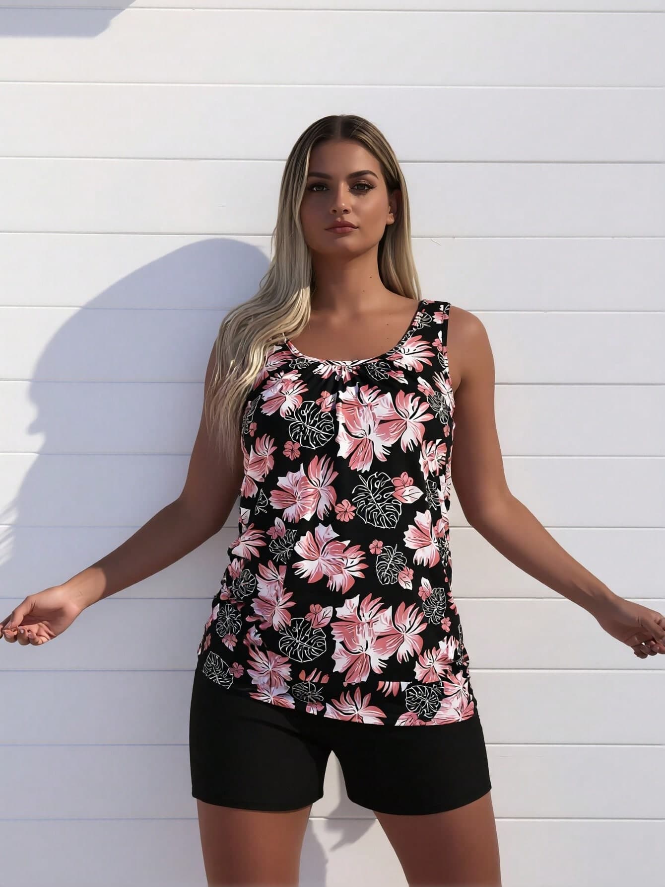 2026 New Fashion Swimsuit Women's Black Tropical Floral Print Loose Tankini + Black Boyshort Set For Beach Vacation, Modest & Slim Fit 2