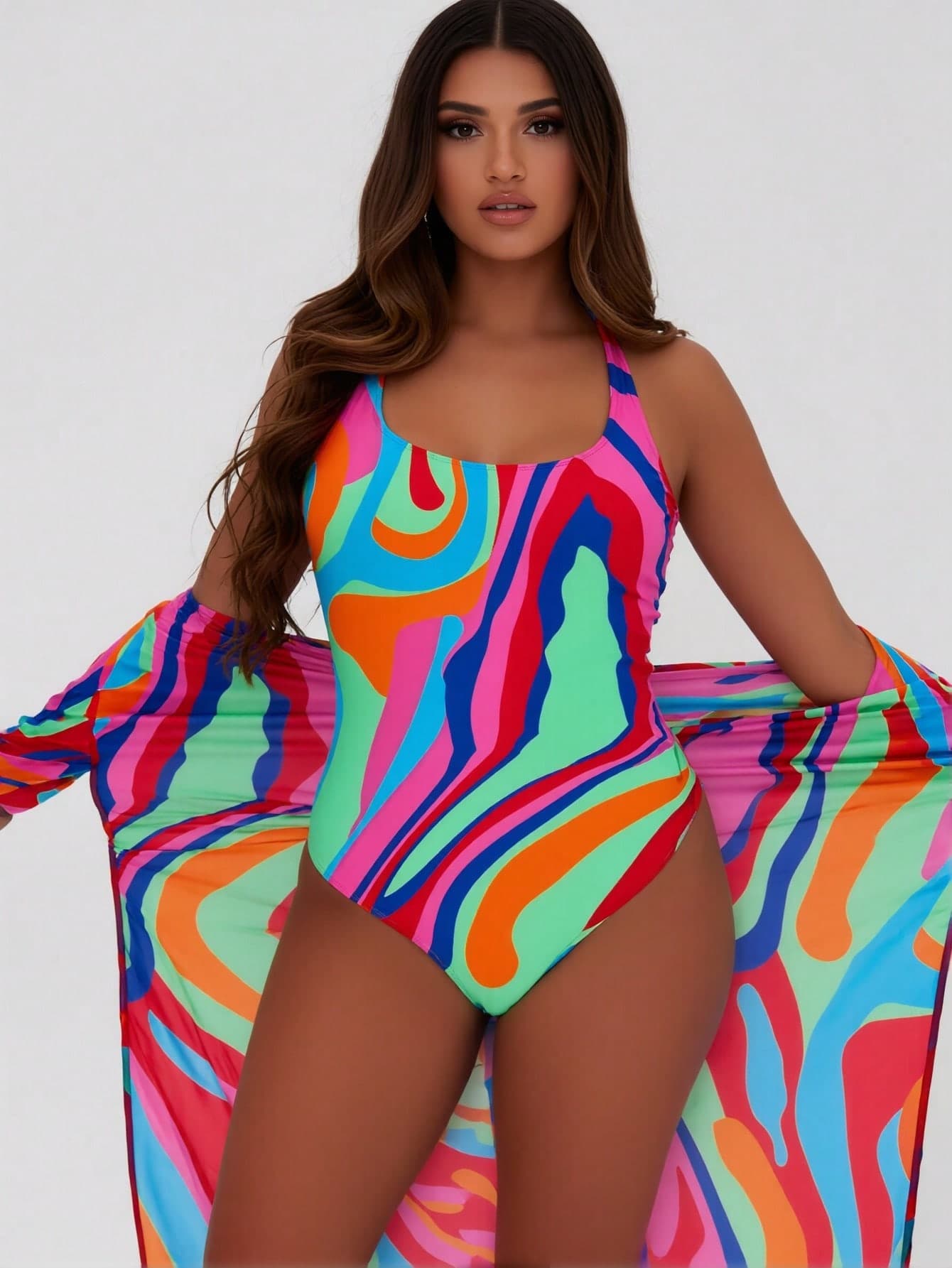 2026 New Fashion Swimsuit Women's Colorful Swirl Print Halter One-Piece Swimsuit With Cover-Up 2-Piece Set For Trendy Style, Sexy Slim Fit 3