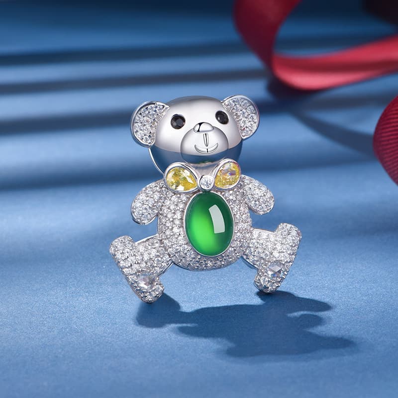 S925 Silver Pave Bear Brooch 8x6mm Oval Green Chalcedony 7g Platinum Plated Fashion Gift Box 3