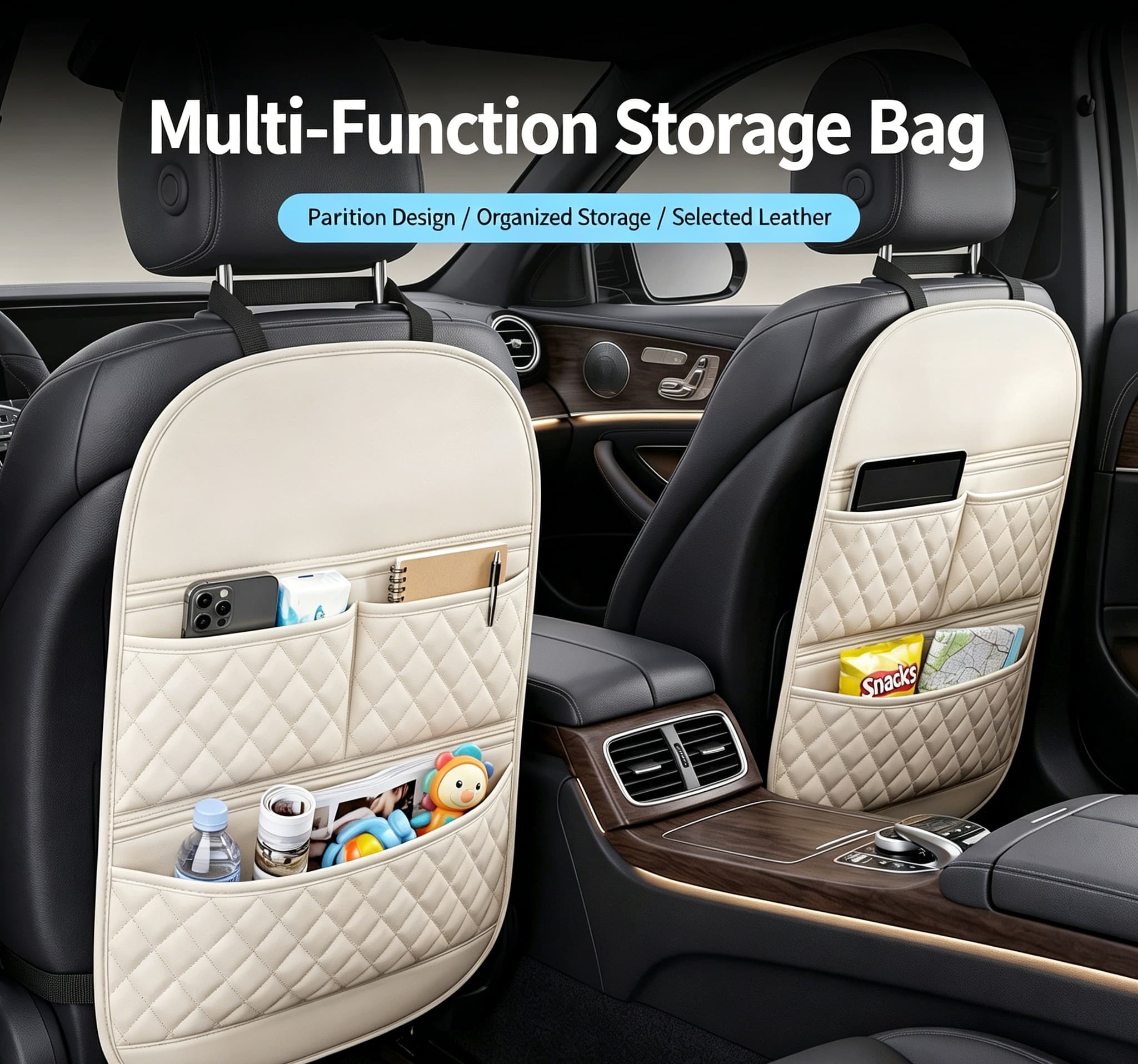 Universal Multi-Functional Car Leather Storage Organizer, Kids Seat Back Kick Mat, Car Rear Seat Hanging Storage Bag, Auto Interior Accessories 4