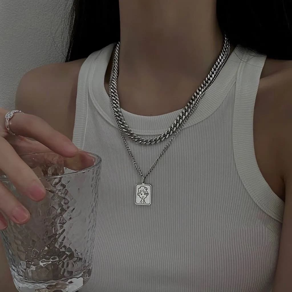 1pcs Double Layer Cuban Chain Vintage Portrait Square Tag Necklace, Minimalist Ins Hip Hop Style, For Men Women Daily Street Wear & Couple Holiday Gifts 2