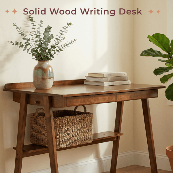 Solid Wood Writing Desk, Home Office Desk For Small Spaces, Mid Century Modern Desks With 2 Drawers & Storage Shelf, Standing Desk With Side Hooks For Study, Bedroom, Office  Walnut 3