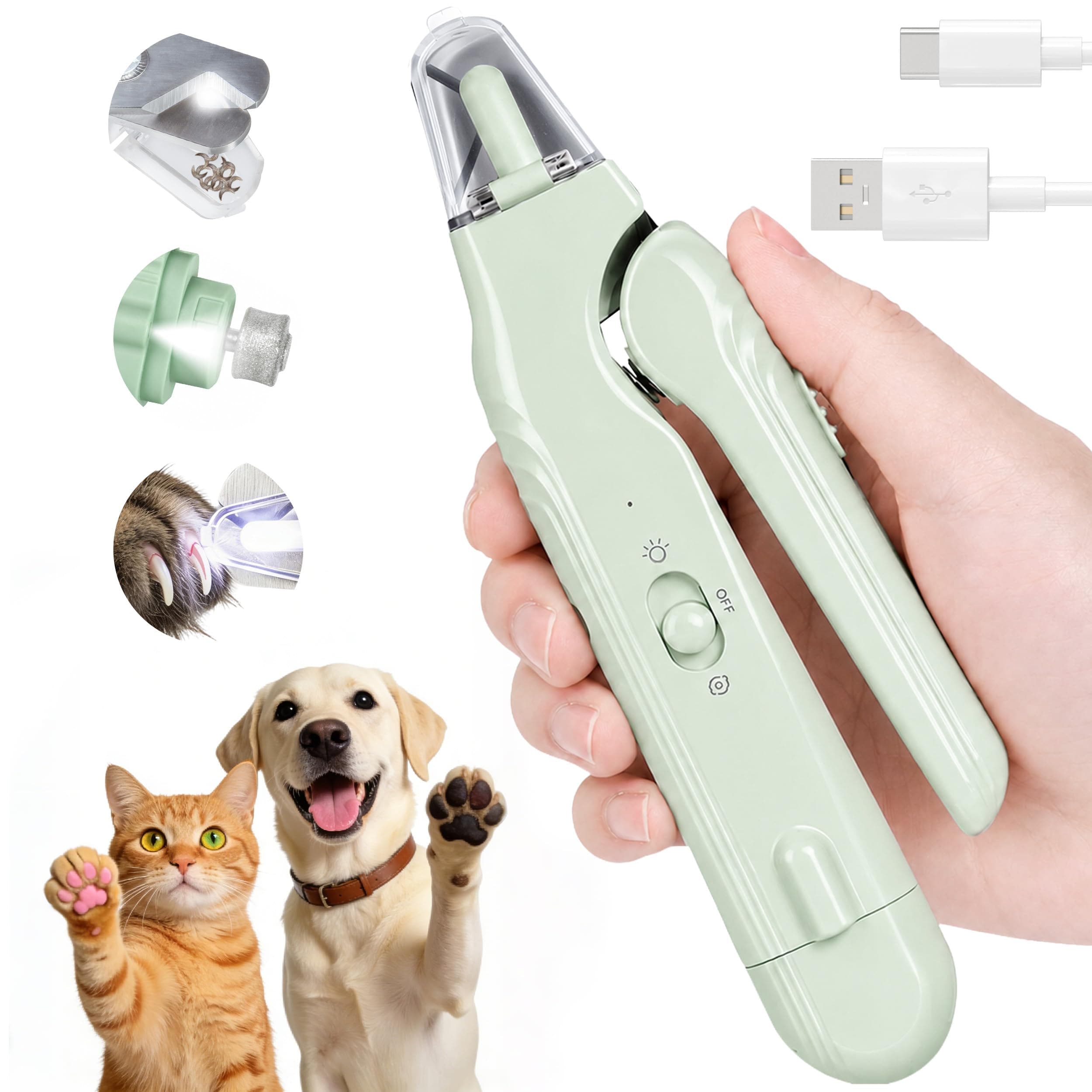 2-in-1 Dog Nail Clippers With Light - Electric Pet Nail Grinder Quiet For Small Large Dogs & Cats, LED Prevent Over Cutting, USB-C Rechargeable Safety Guard Grooming Kit For Black Nails 2