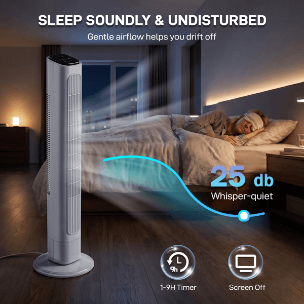 US Standard RTW-GR36 Tower Fan, 110V 45W, 36 Inch, Column Shape, White Plastic Body, Copper Motor, Touch & Remote Control, 3 Speeds, 3 Modes, Oscillating Function, 9-Hour Timer, For Home Use 2
