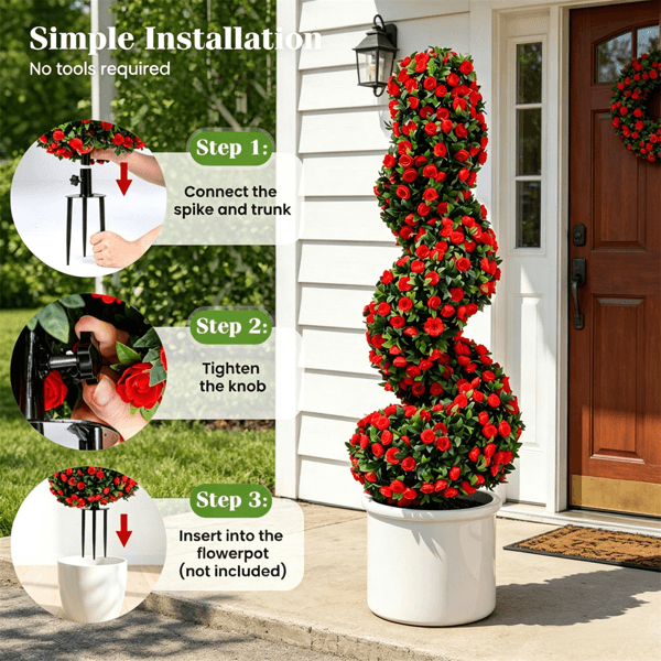 2 Pack Realistic Lifelike Faux Spiral Plant, All-Weather PE Artificial Flower Shrub For Indoor Outdoor Home Garden Decoration - Red 3