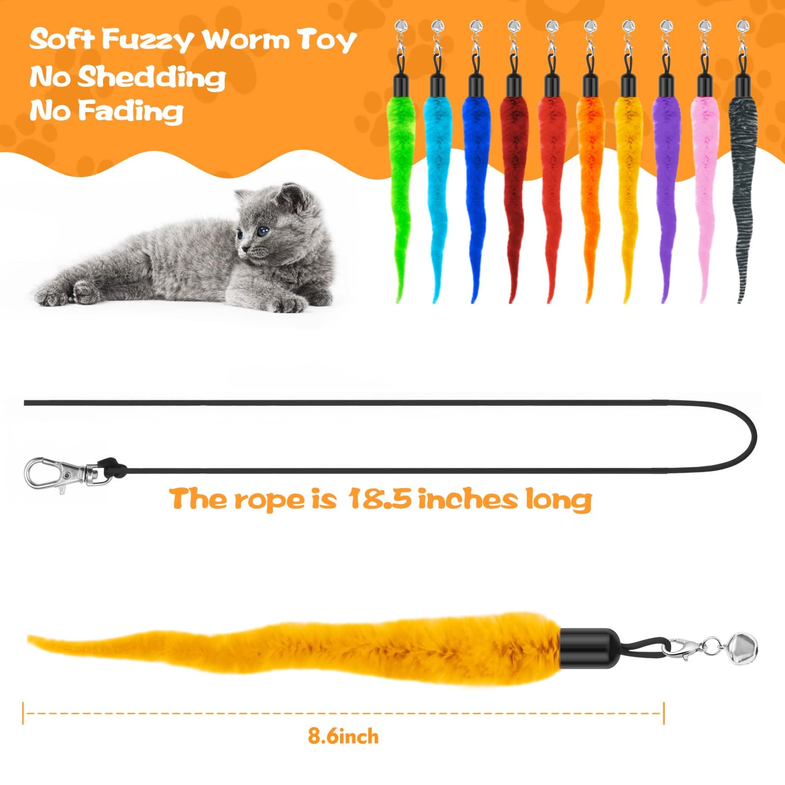 10PCS Cat Worm Toy, Cat Wand Attachment Fuzzy Worm Toys Refill With 1PCS Black String For Wand Replacement, Interactive Cats Kittens Toys For Indoor 3
