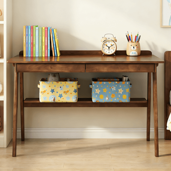 Solid Wood Writing Desk, Home Office Desk For Small Spaces, Mid Century Modern Desks With 2 Drawers & Storage Shelf, Standing Desk With Side Hooks For Study, Bedroom, Office  Walnut 2