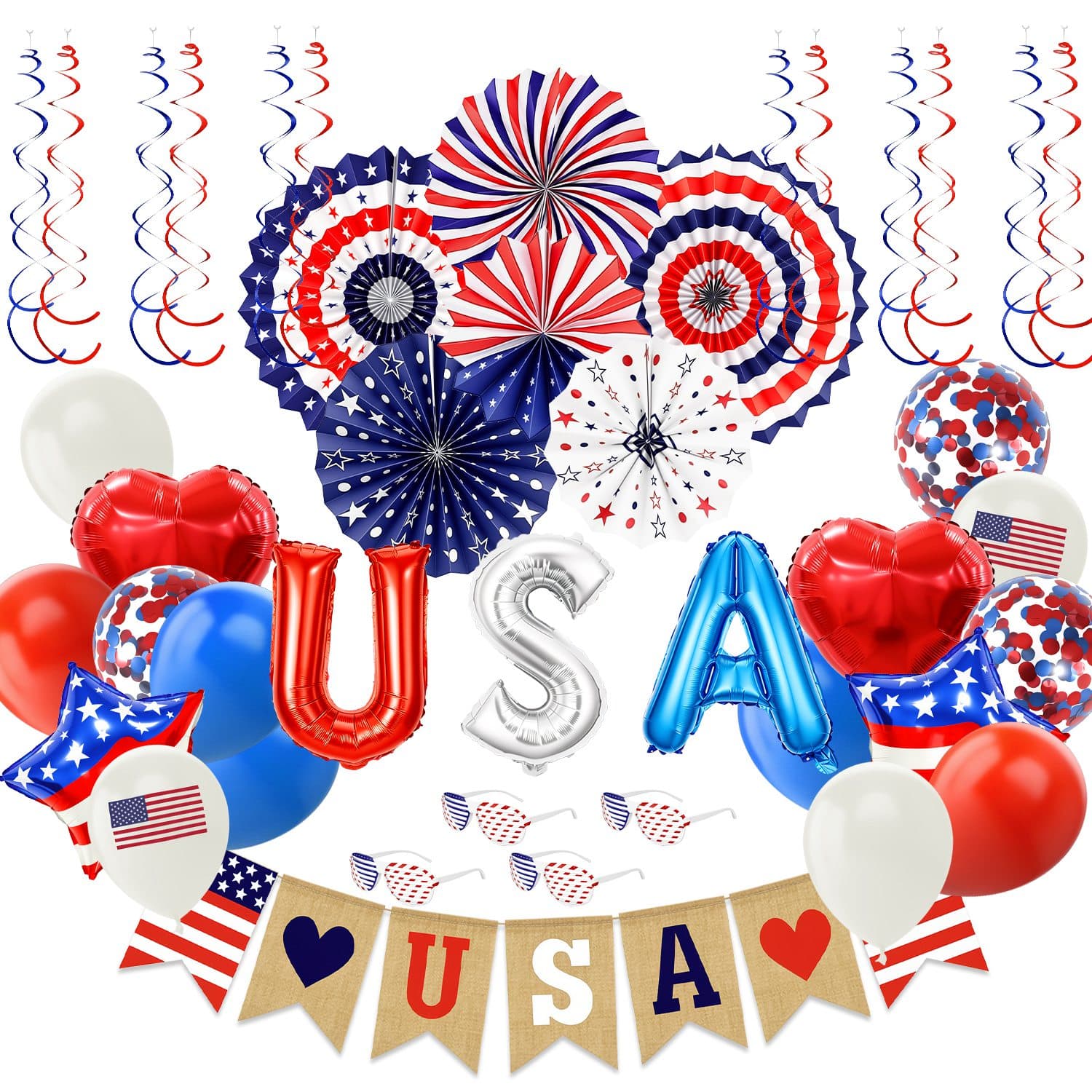 1Set 4th Of July Decorations Set,Patriotic Party Supplies With USA Foil Balloons Paper Fans Confetti Balloons Hanging Streamers Star Confetti Flags For Independence Day Memorial Day Veterans Day 3