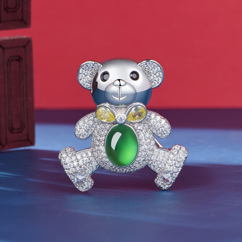 S925 Silver Pave Bear Brooch 8x6mm Oval Green Chalcedony 7g Platinum Plated Fashion Gift Box 2