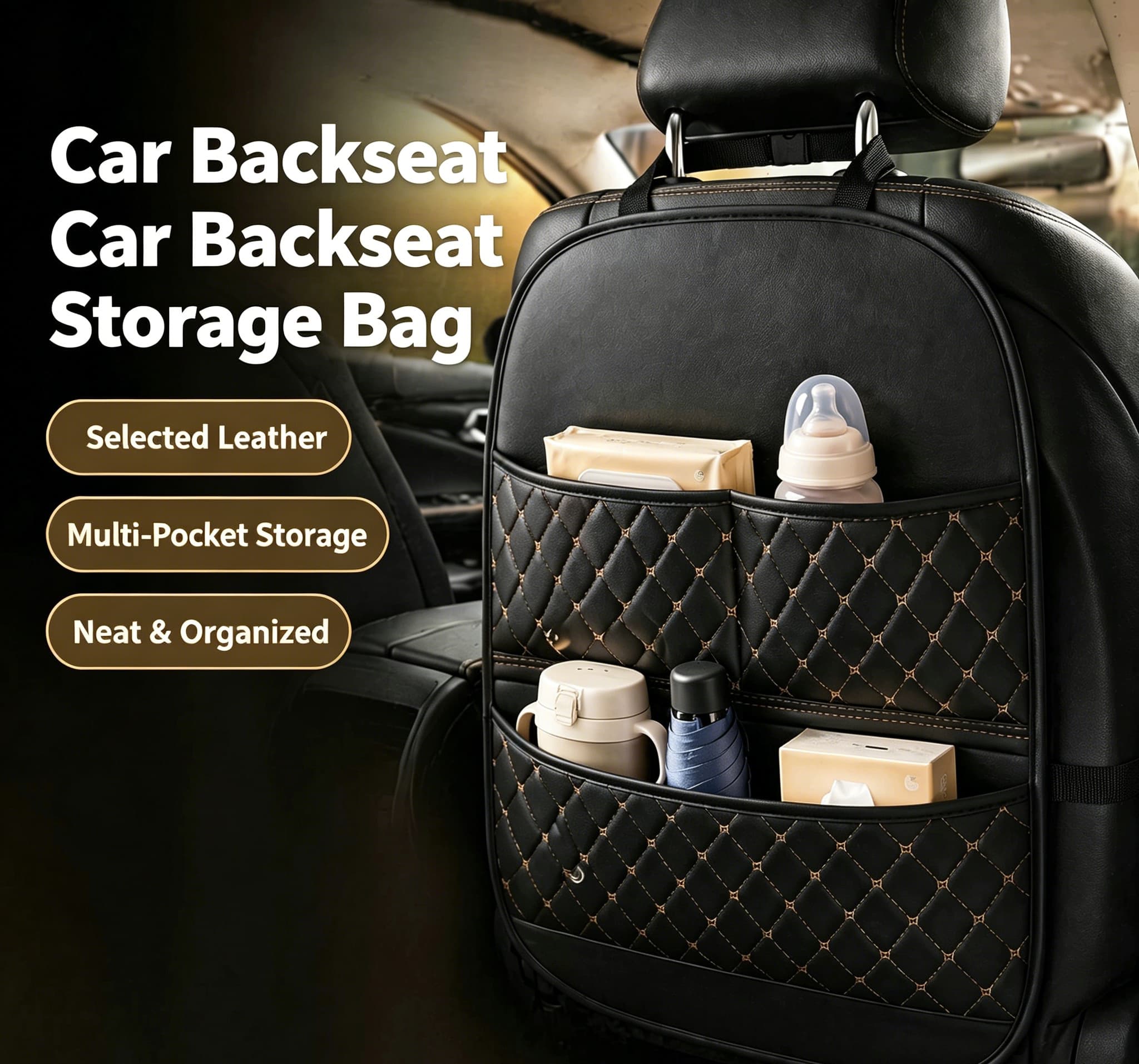 Universal Multi-Functional Car Leather Storage Organizer, Kids Seat Back Kick Mat, Car Rear Seat Hanging Storage Bag, Auto Interior Accessories 3