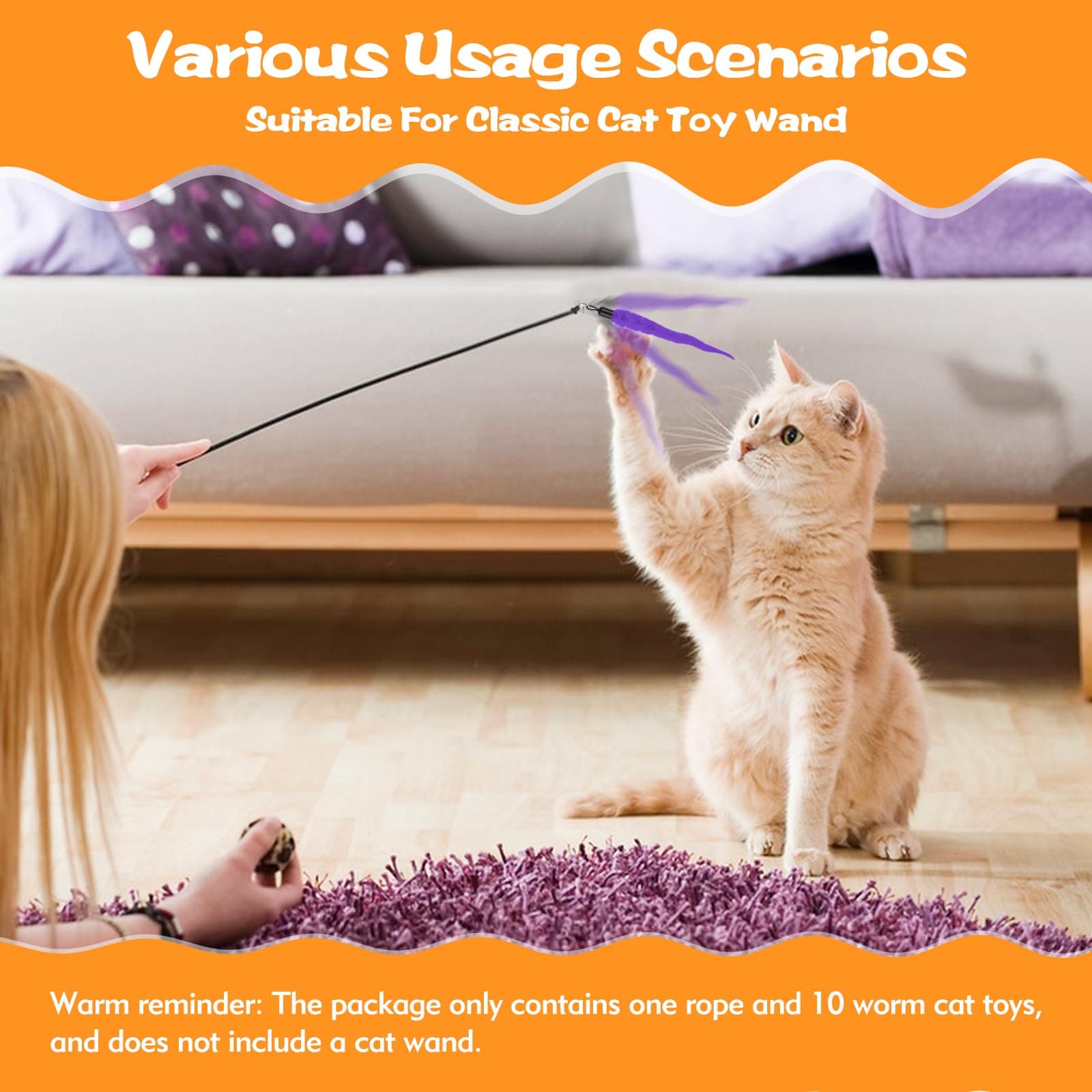 10PCS Cat Worm Toy, Cat Wand Attachment Fuzzy Worm Toys Refill With 1PCS Black String For Wand Replacement, Interactive Cats Kittens Toys For Indoor 2