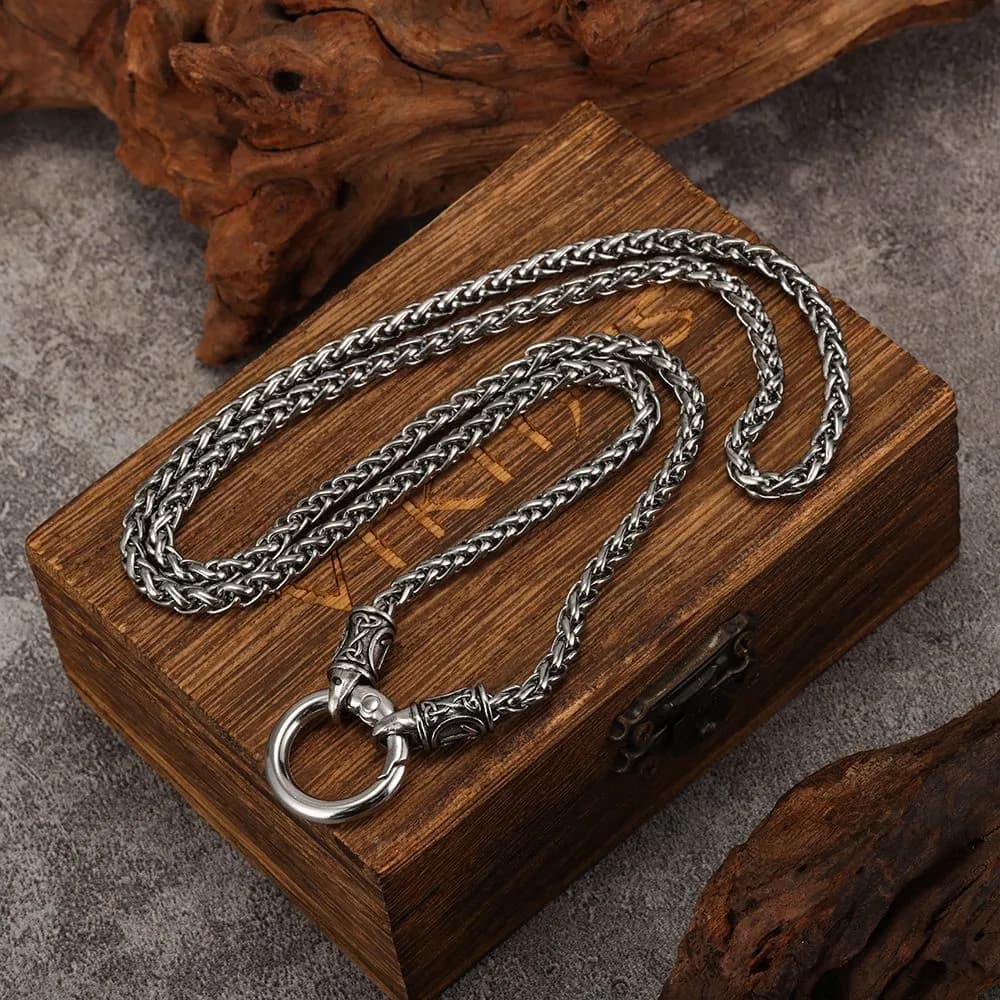 1pcs Vintage Carved Spring Ring Wheat Chain  Necklace, Retro Viking Ethnic Style, For Men Street Biker Wear & Male Holiday Gifts 2