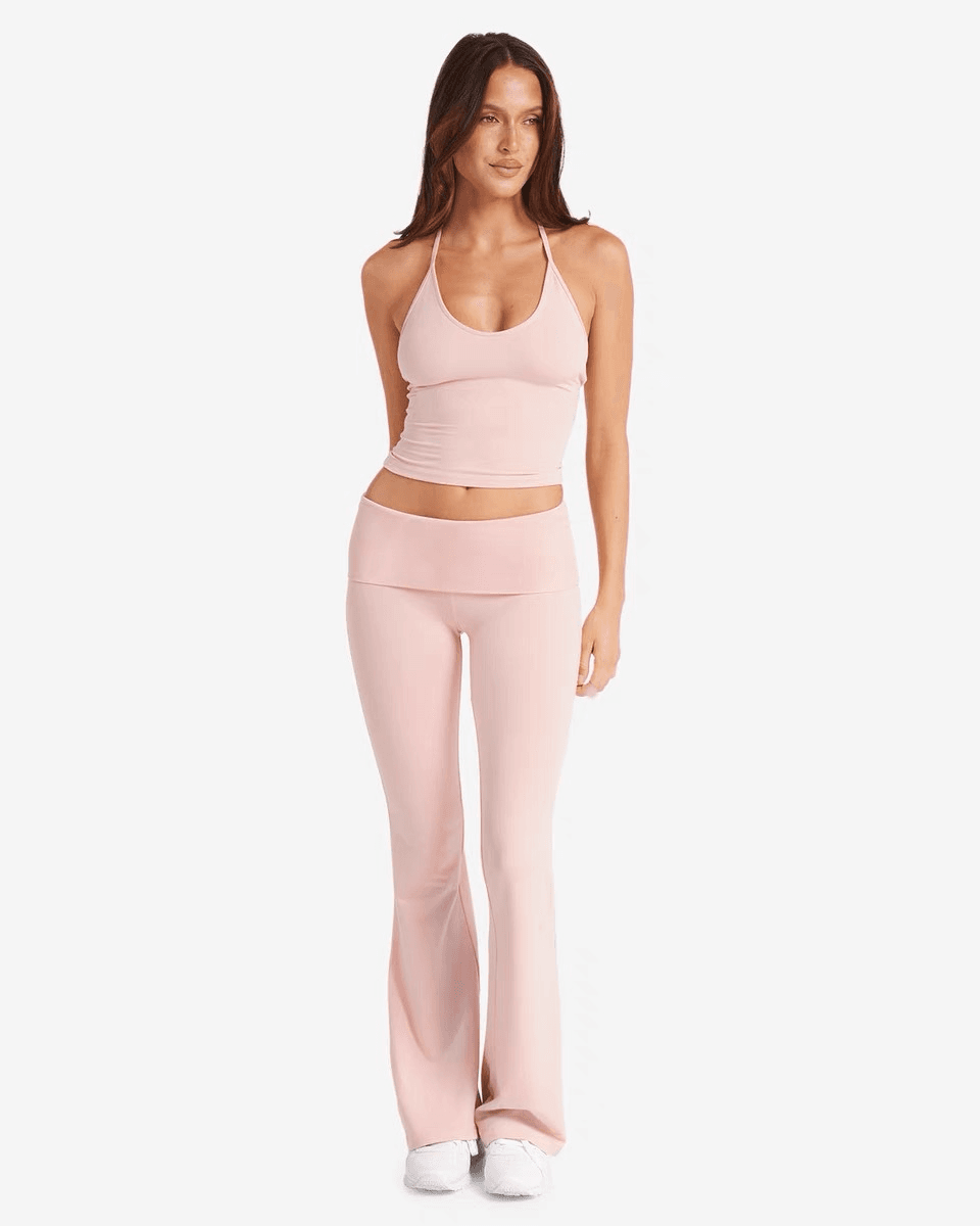 Yoga Outfit With Built-in Pads Halter Tank Top  High-Rise Bare-Skin Quick-Dry Flared Workout Pants 2