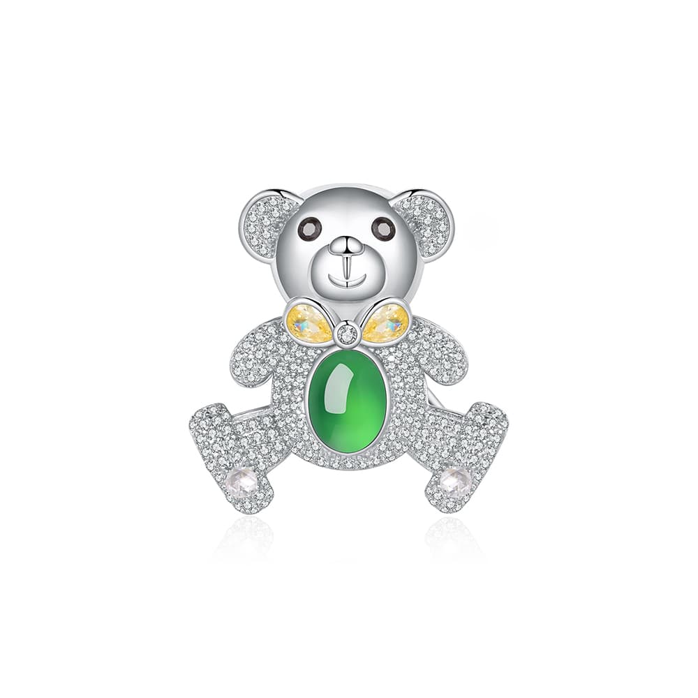 S925 Silver Pave Bear Brooch 8x6mm Oval Green Chalcedony 7g Platinum Plated Fashion Gift Box 4