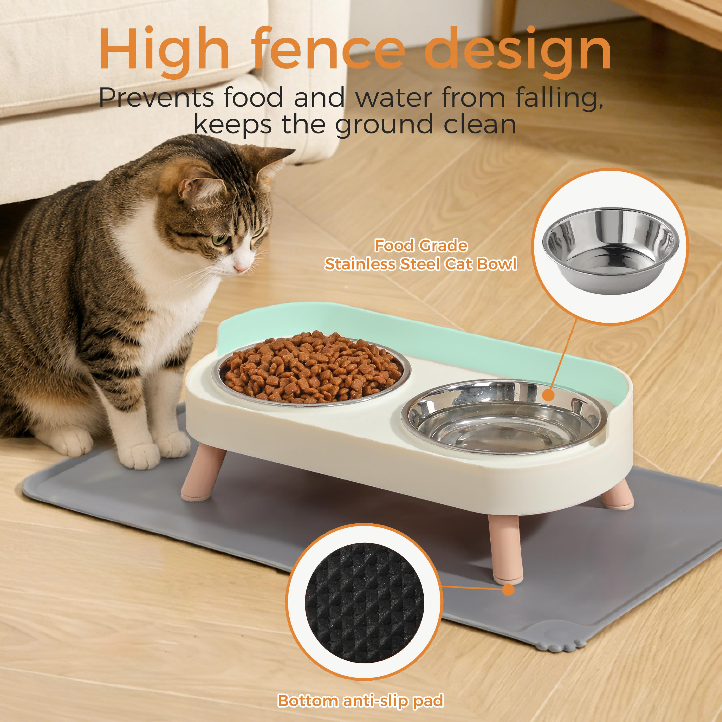 Elevated Cat Bowls Set - Raised Cat Food And Water Bowl Set With Non Slip Stand - Pet Feeding Station With 2 Stainless Steel Bowls 4