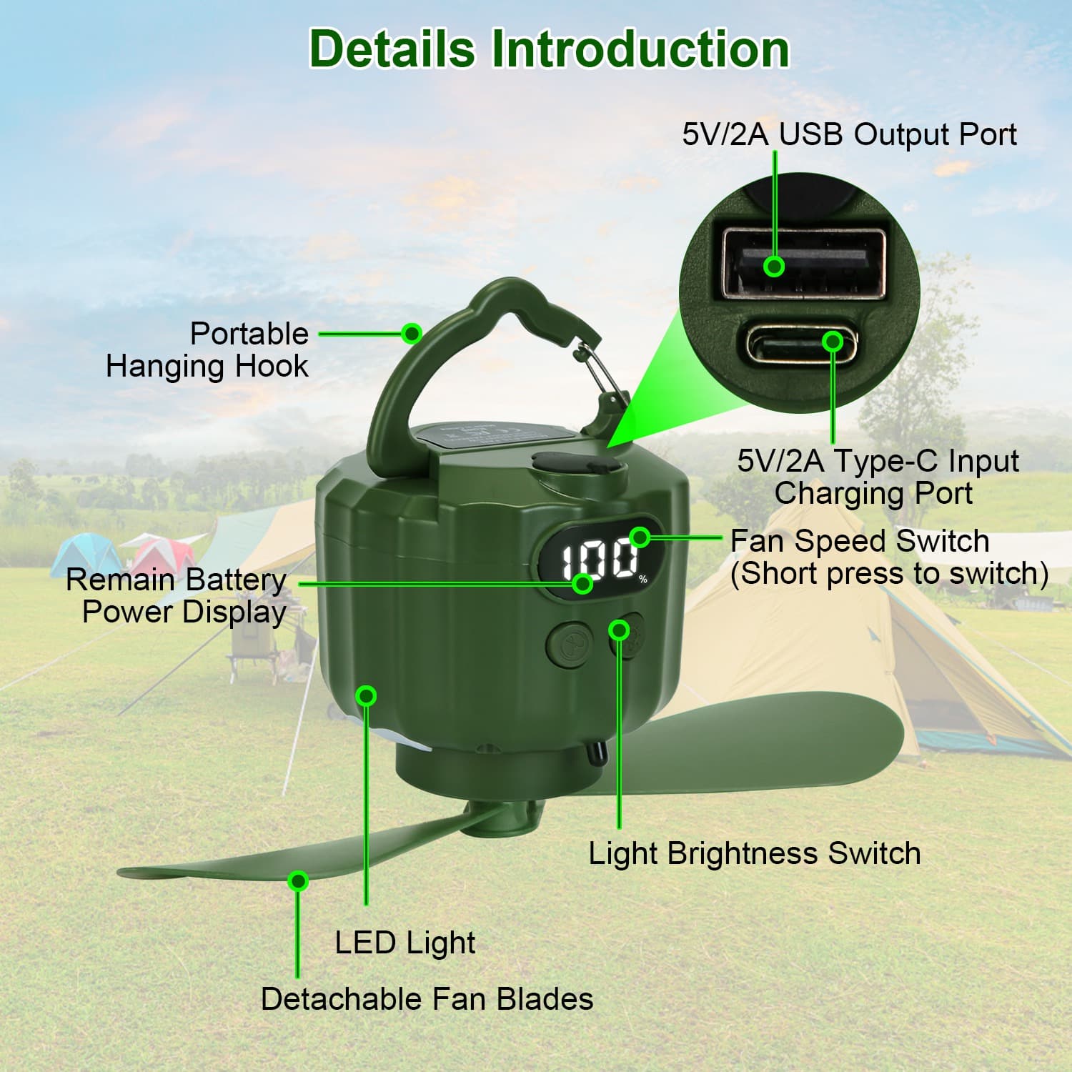 3-in-1 Camping Fan With LED Lantern, Hanging Tent Fan 3 Wind Speeds, Remote Control Timer, USB Power Bank, Low Noise Rechargeable Fan With Battery Display, Detachable Blades For Outdoor Indoor Use 3