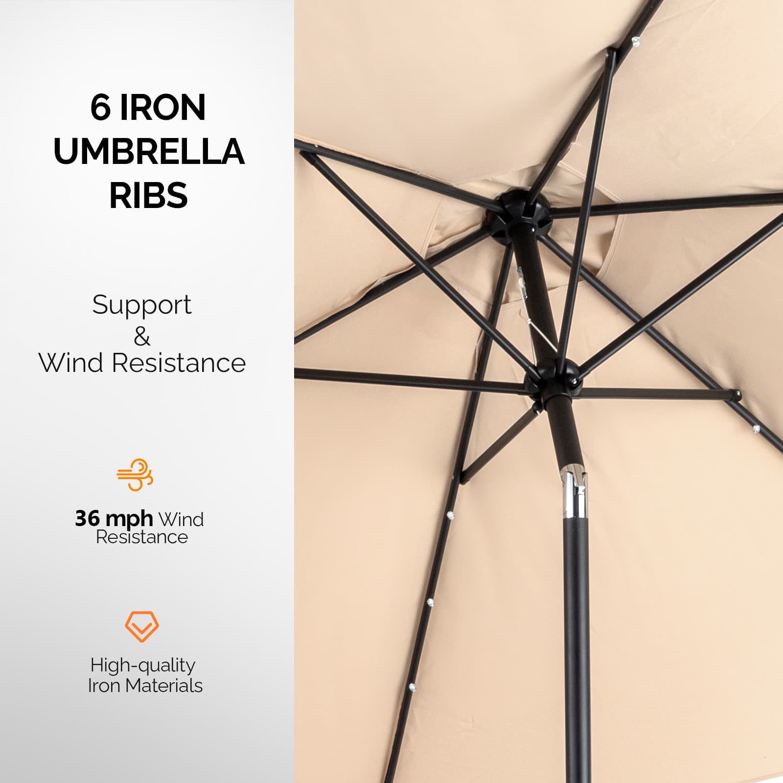 9ft Solar LED Patio Umbrella, 6-Rib Waterproof Outdoor Market Umbrella With Push Button Tilt & Crank, Sun Shade For Garden Pool Deck, Beige 3