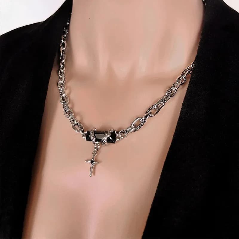 1pcs Mixed Link Chain Black Rectangle Stone Star Cross Pendant Necklace, Dark Cool Aesthetic Style, For Men Women Daily Party Wear & Couple Valentine Gifts 2