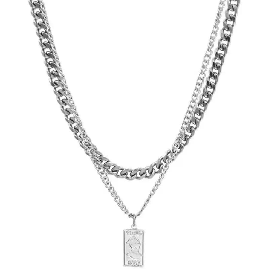 1pcs Double Layer Cuban Chain Vintage Portrait Square Tag Necklace, Minimalist Ins Hip Hop Style, For Men Women Daily Street Wear & Couple Holiday Gifts 4