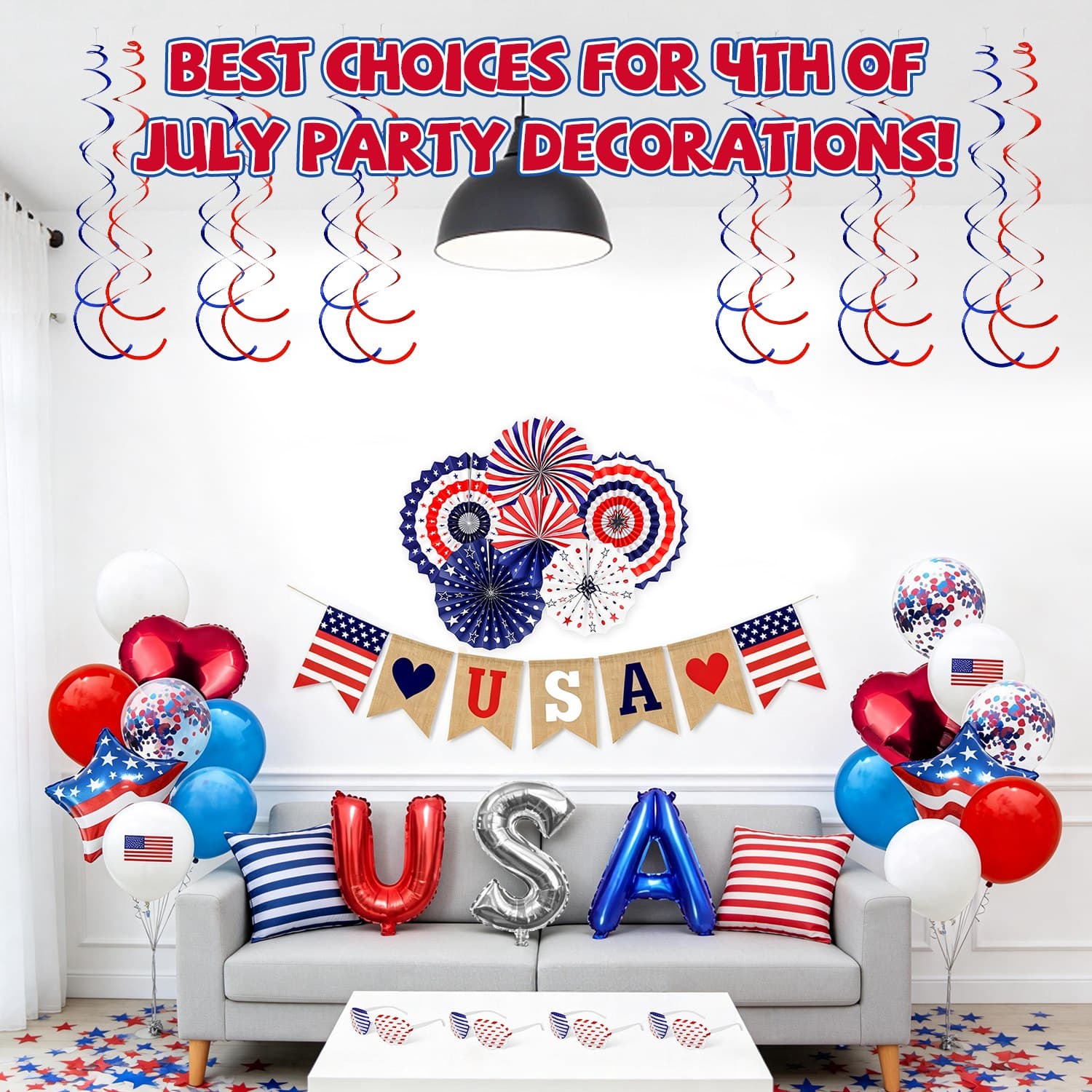 1Set 4th Of July Decorations Set,Patriotic Party Supplies With USA Foil Balloons Paper Fans Confetti Balloons Hanging Streamers Star Confetti Flags For Independence Day Memorial Day Veterans Day 4