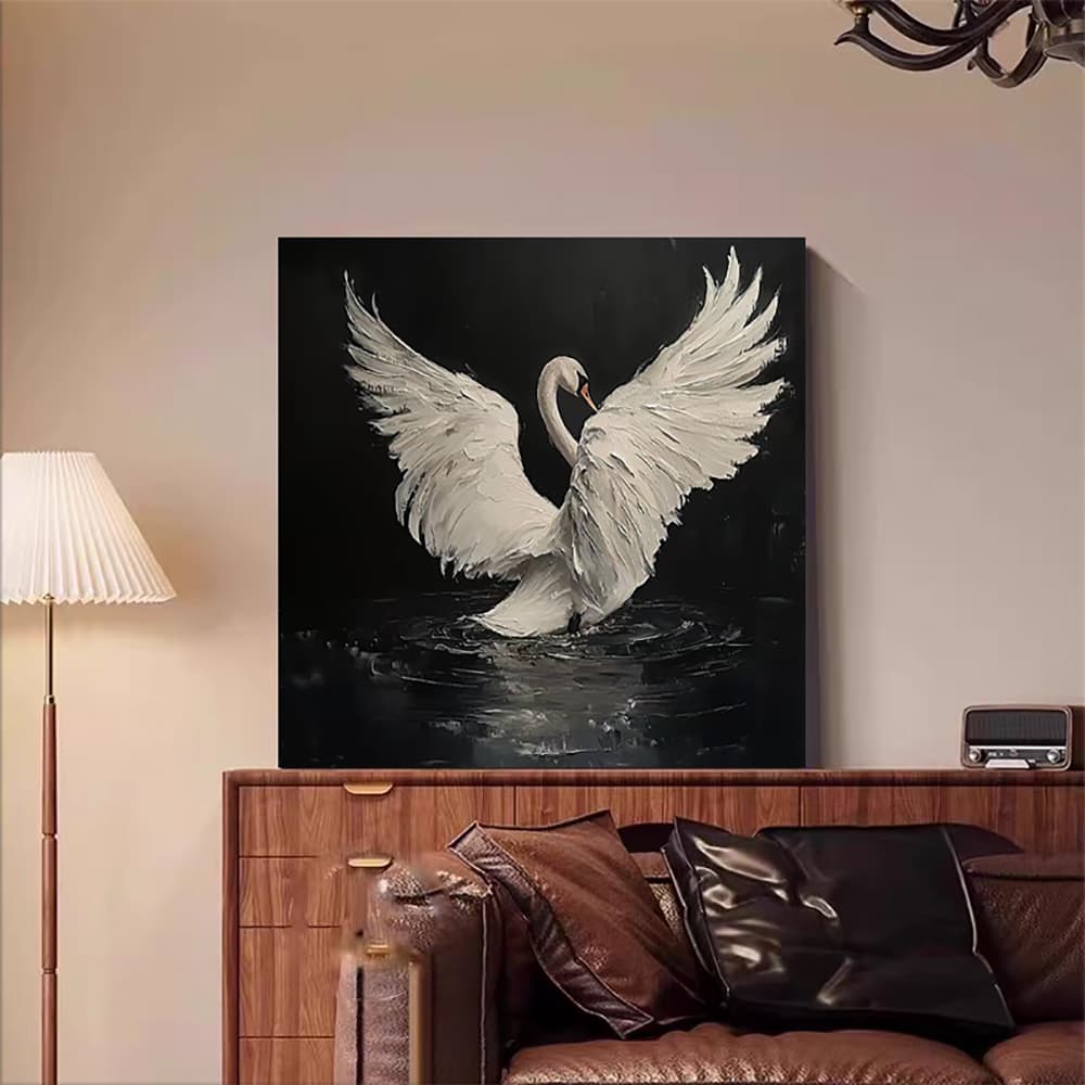 Handmade Abstract Frameless Artwork Canvas Oil Paintings Modern Animal Black Swan Decorative Dining Room Decor Rolled Frameless Unstretched Painting