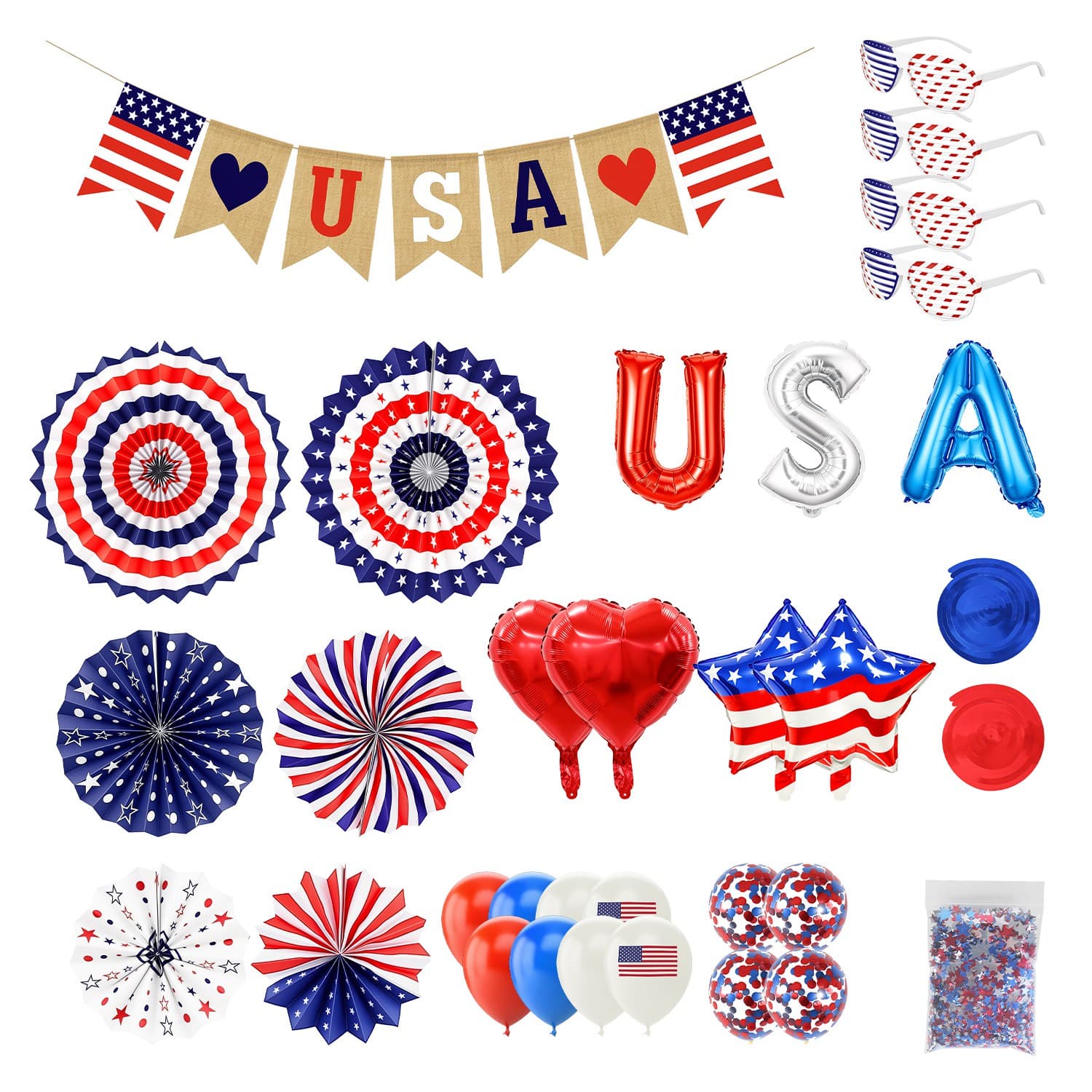 1Set 4th Of July Decorations Set,Patriotic Party Supplies With USA Foil Balloons Paper Fans Confetti Balloons Hanging Streamers Star Confetti Flags For Independence Day Memorial Day Veterans Day 2