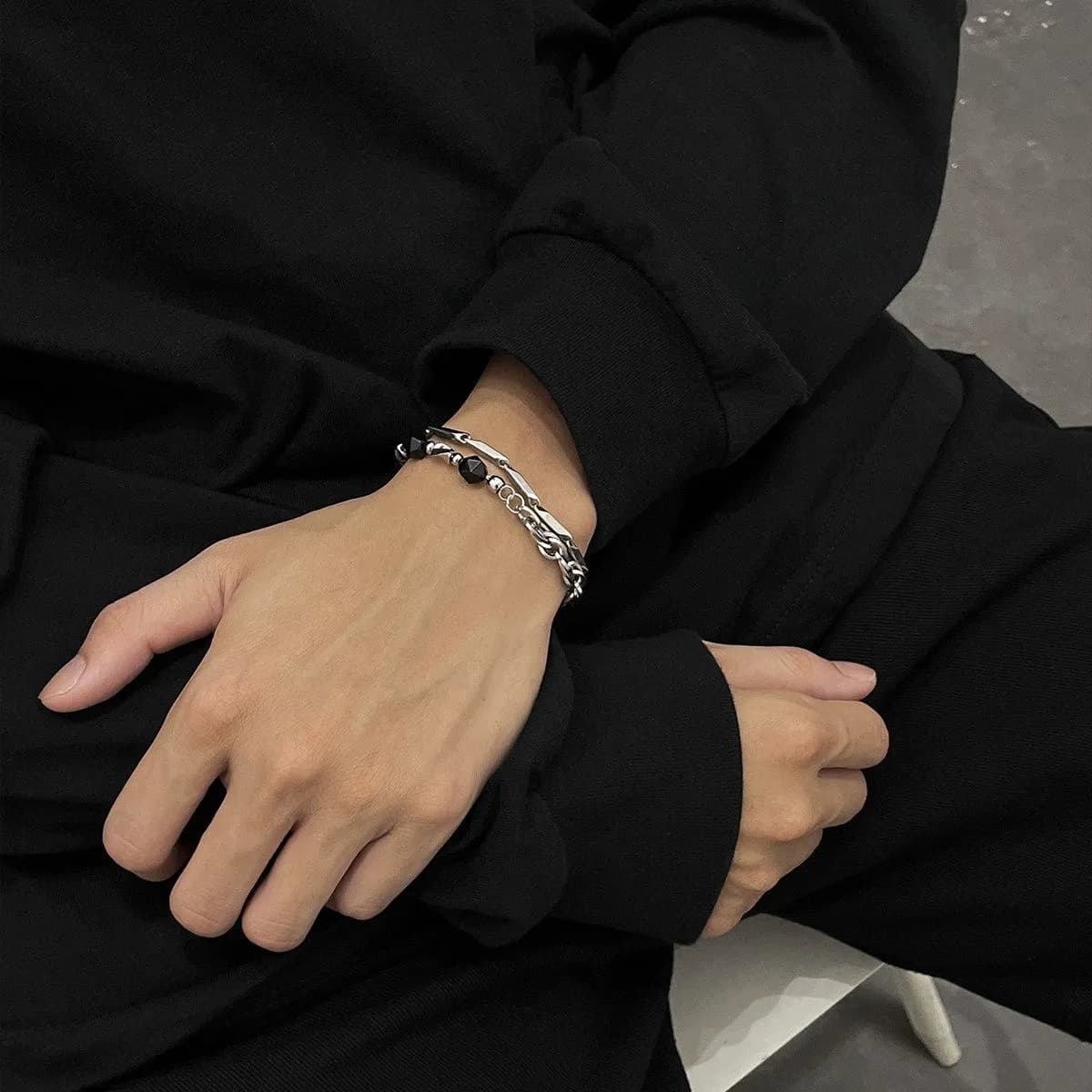 1pcs Double Layer Black Faceted Bead Spliced Titanium Steel Bracelet, Minimalist Dark Street Style, For Men Women Daily Wear & Couple Valentine Gifts 3