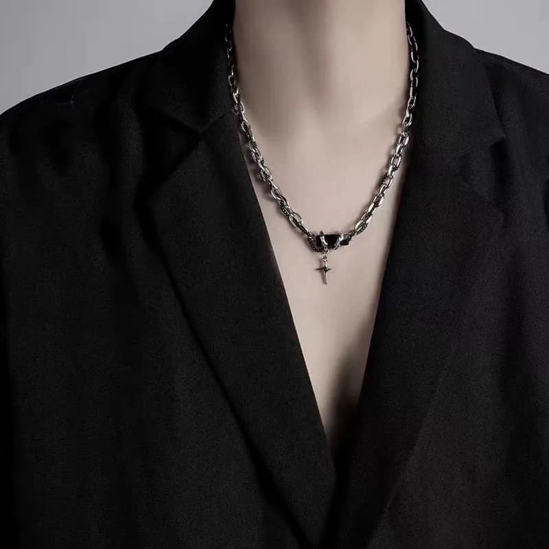 1pcs Mixed Link Chain Black Rectangle Stone Star Cross Pendant Necklace, Dark Cool Aesthetic Style, For Men Women Daily Party Wear & Couple Valentine Gifts 3