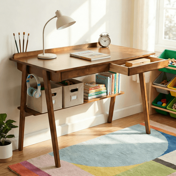 Solid Wood Writing Desk, Home Office Desk For Small Spaces, Mid Century Modern Desks With 2 Drawers & Storage Shelf, Standing Desk With Side Hooks For Study, Bedroom, Office  Walnut 4