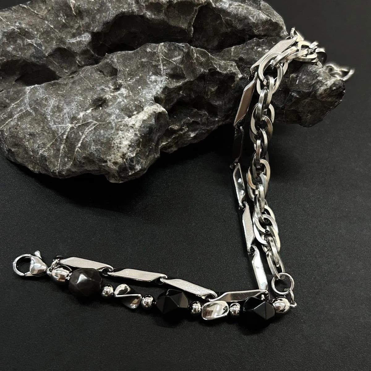 1pcs Double Layer Black Faceted Bead Spliced Titanium Steel Bracelet, Minimalist Dark Street Style, For Men Women Daily Wear & Couple Valentine Gifts 2
