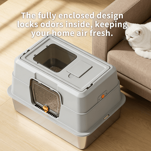 White Stainless Steel Fully Enclosed Cat Litter Box, Durable Enclosed Cat Litter Box, High Side To Prevent Scattering 4