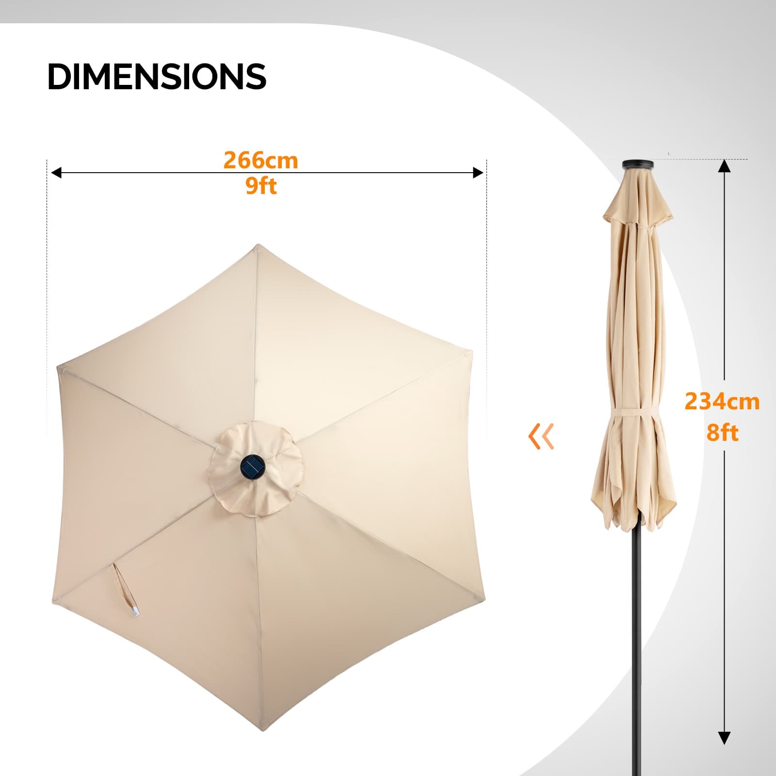 9ft Solar LED Patio Umbrella, 6-Rib Waterproof Outdoor Market Umbrella With Push Button Tilt & Crank, Sun Shade For Garden Pool Deck, Beige 2