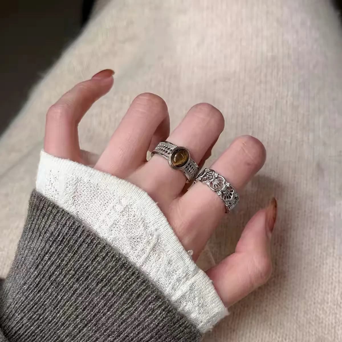 1pair Vintage Hollow Floral Tiger Eye Stone Open Stackable Rings, Elegant French Retro Style, For Women Daily Tea Party Wear & Girlfriend Holiday Gifts 3