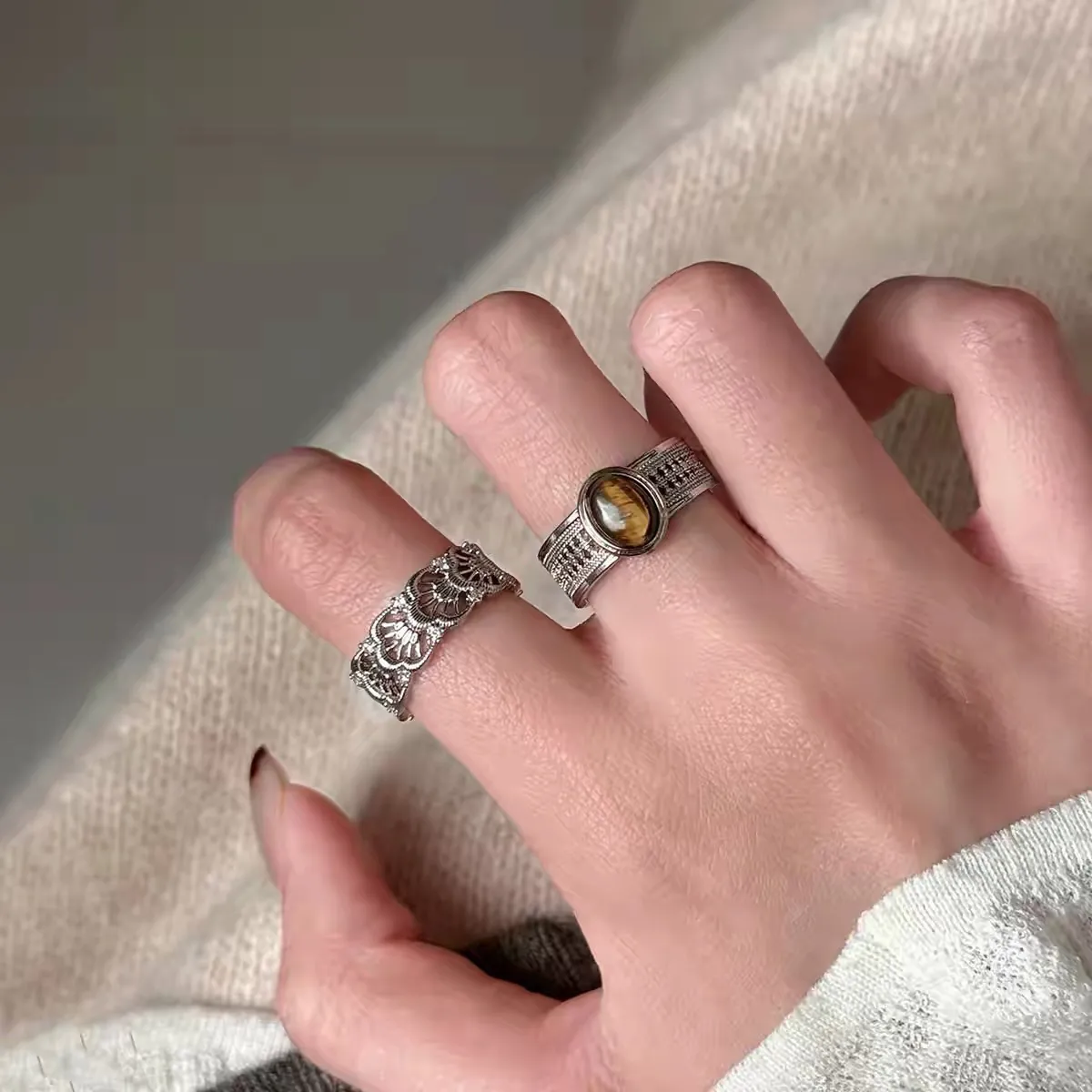 1pair Vintage Hollow Floral Tiger Eye Stone Open Stackable Rings, Elegant French Retro Style, For Women Daily Tea Party Wear & Girlfriend Holiday Gifts 4