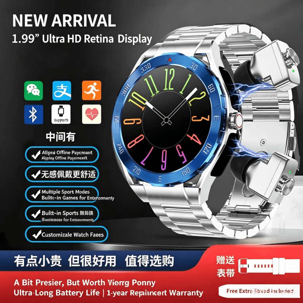 2-in-1 Smart Watch & Bluetooth Earphones, MP3 Player, Heart Rate Sleep Monitor Pedometer 3