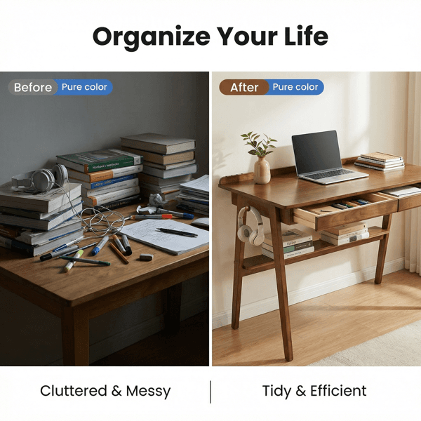 Solid Wood Writing Desk, Home Office Desk For Small Spaces, Mid Century Modern Desks With 2 Drawers & Storage Shelf, Standing Desk With Side Hooks For Study, Bedroom, Office  Walnut