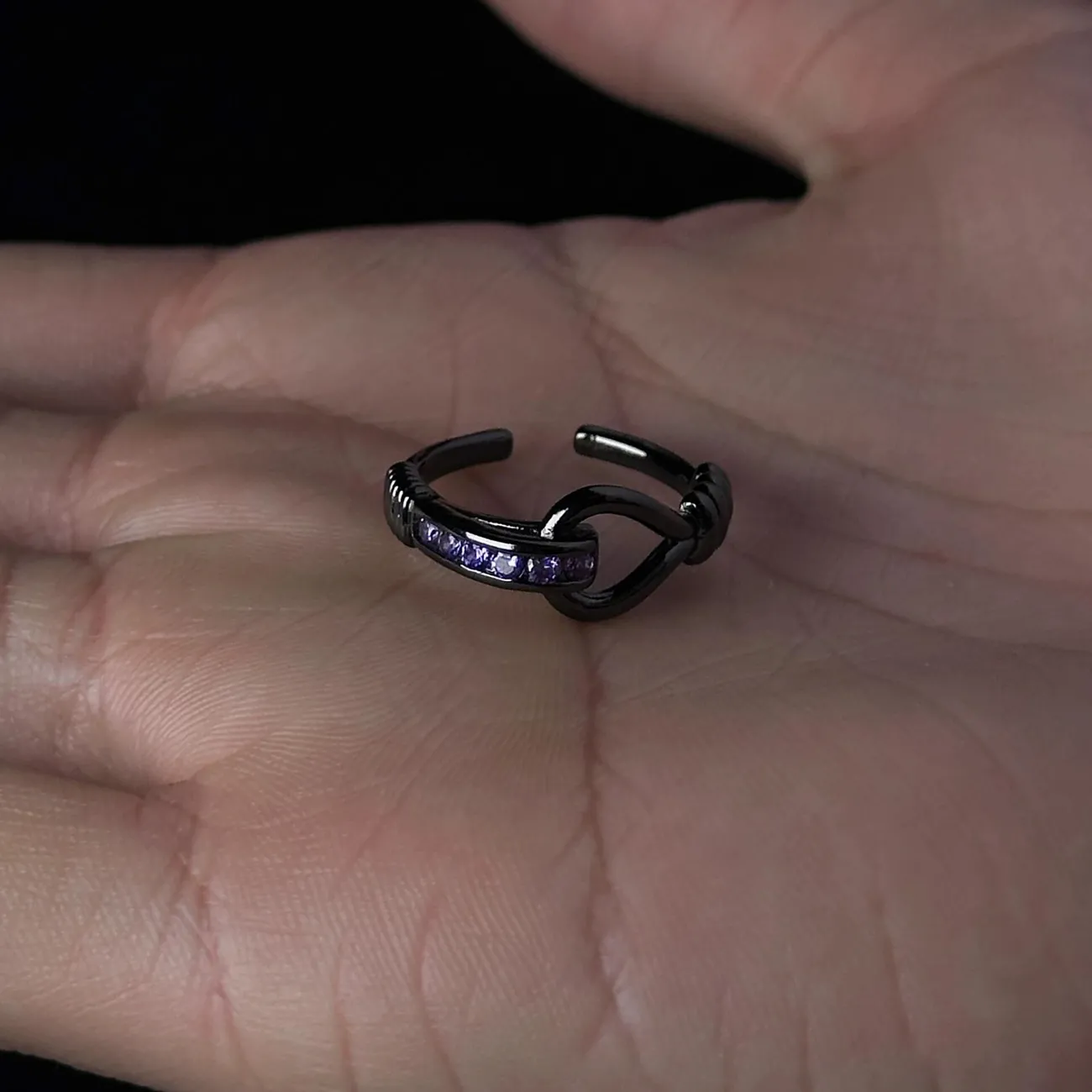 1pcs Black Knot Wrapped Purple Crystal Adjustable Open Ring, Dark Cool Trendy Style, For Men Women Daily Party Wear & Couple Valentine Gifts 2