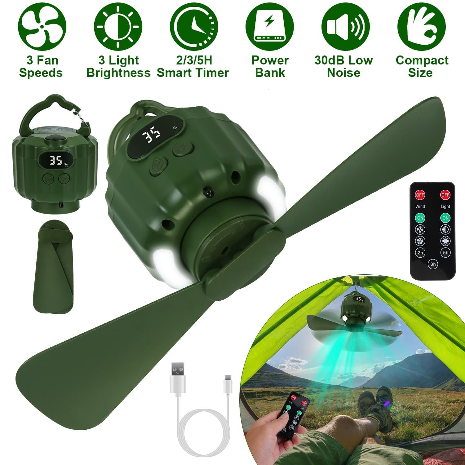 3-in-1 Camping Fan With LED Lantern, Hanging Tent Fan 3 Wind Speeds, Remote Control Timer, USB Power Bank, Low Noise Rechargeable Fan With Battery Display, Detachable Blades For Outdoor Indoor Use 4