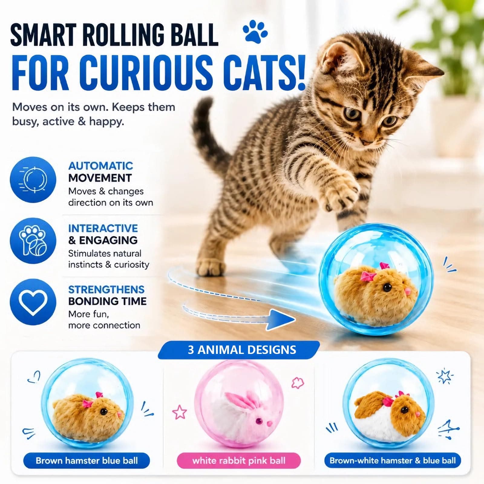 2026 New Self-Rolling Interactive Cat Ball Realistic Animal Automatic Moving Rolling Cat Ball  Rolling Spin Moving Cat Ball Indoor Interactive Pet Ball For Cats Dogs Chasing 2